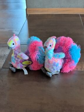 Colorful Plush Peacock Pair - Pastel Tie-Dye Pink & Blue